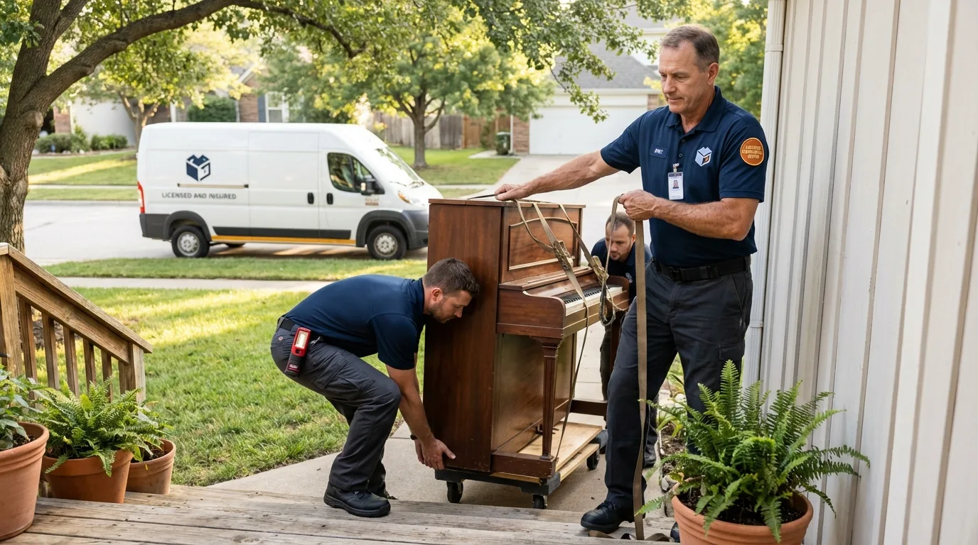 Licensed piano movers securing grand piano in Littleton, CO