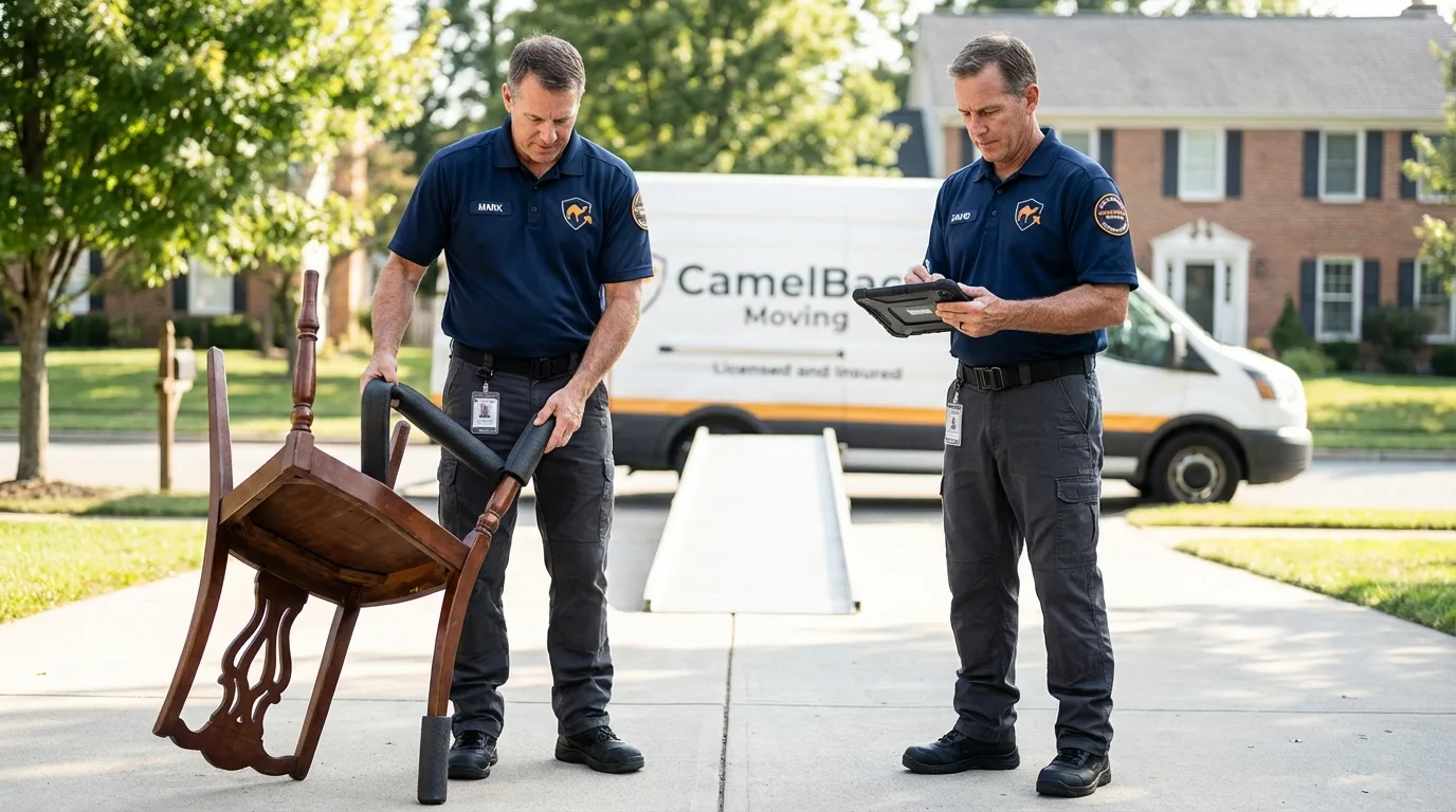 Movers inspecting furniture for damage prevention before loading in Littleton, CO