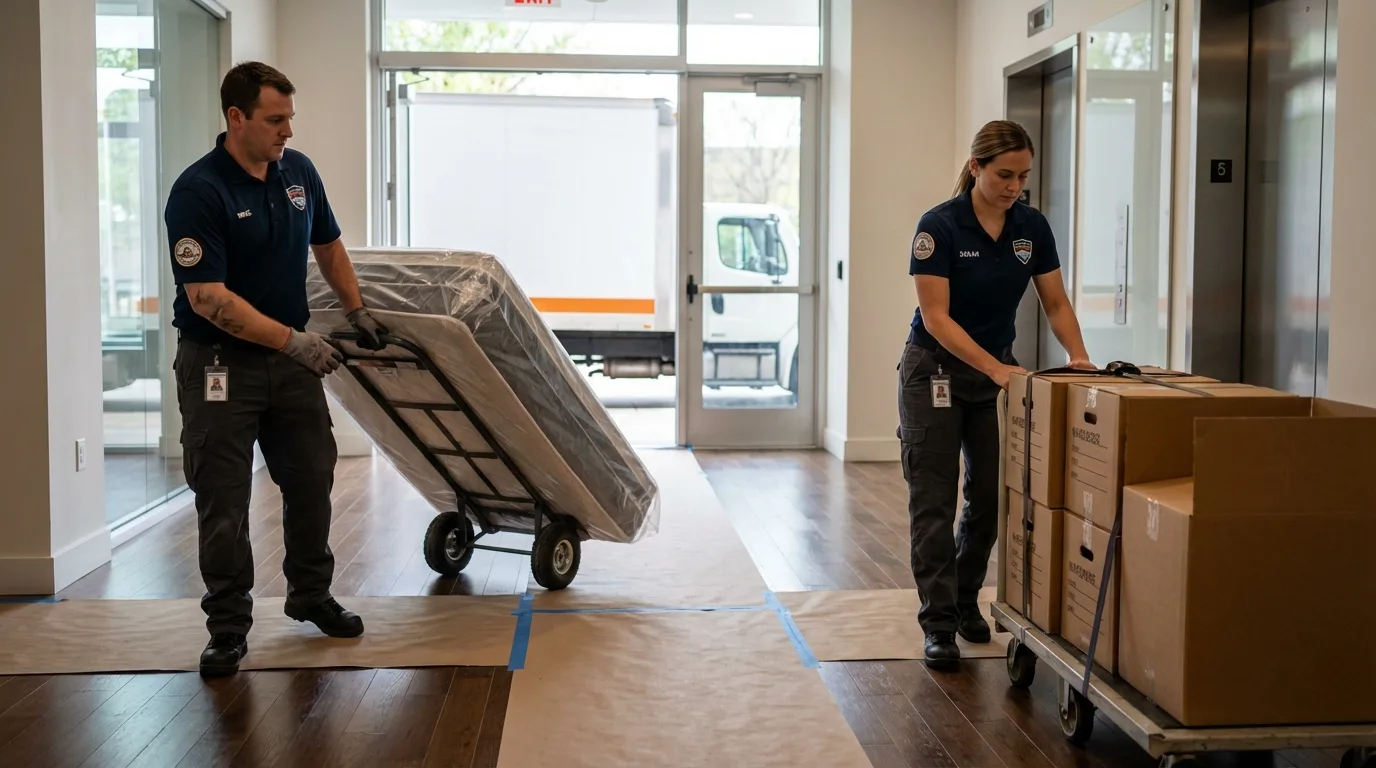 Professional apartment movers loading elevator in Littleton, CO